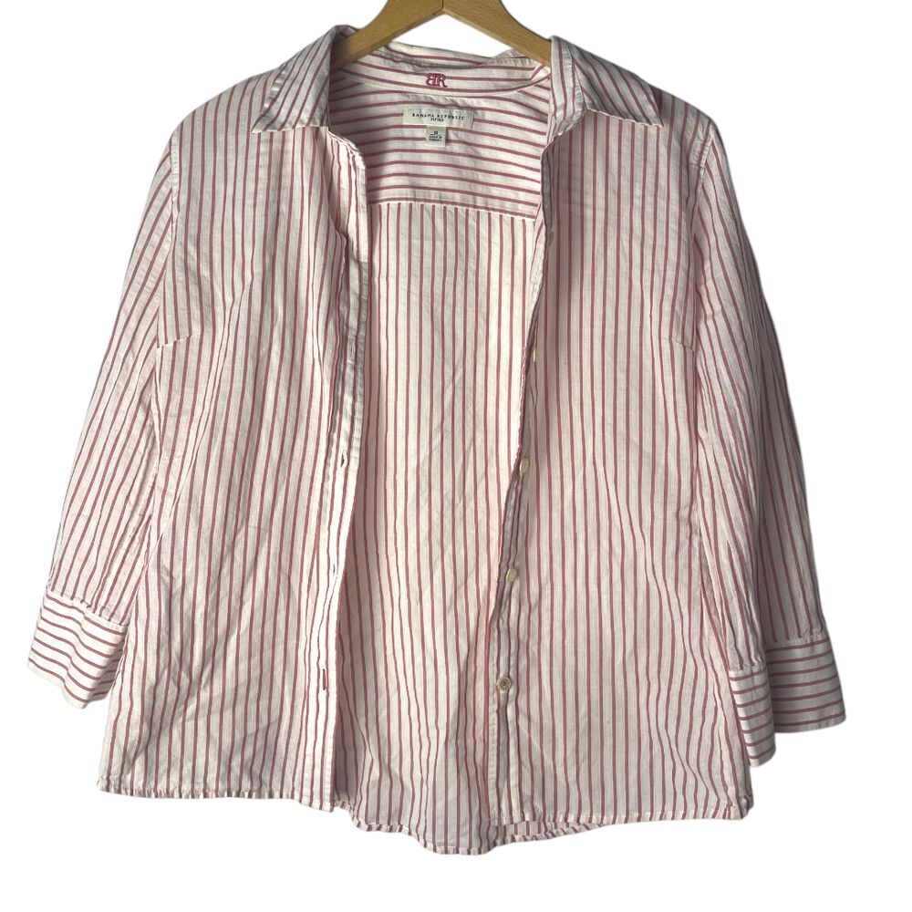Banana Republic Red White Striped‎ Cotton Fitted Button Down Shirt M